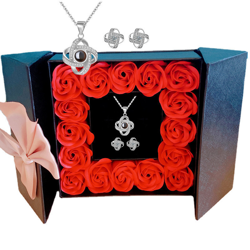 Cadou Amazon de Crăciun de Ziua Mamei de Ziua Îndrăgostiților, colier cu proiecție de 100 de limbi, cercei, cutie cadou cu flori nemuritoare