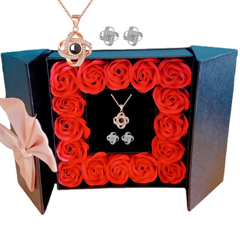 Cadou Amazon de Crăciun de Ziua Mamei de Ziua Îndrăgostiților, colier cu proiecție de 100 de limbi, cercei, cutie cadou cu flori nemuritoare