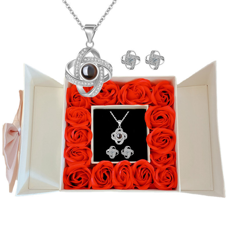 Cadou Amazon de Crăciun de Ziua Mamei de Ziua Îndrăgostiților, colier cu proiecție de 100 de limbi, cercei, cutie cadou cu flori nemuritoare