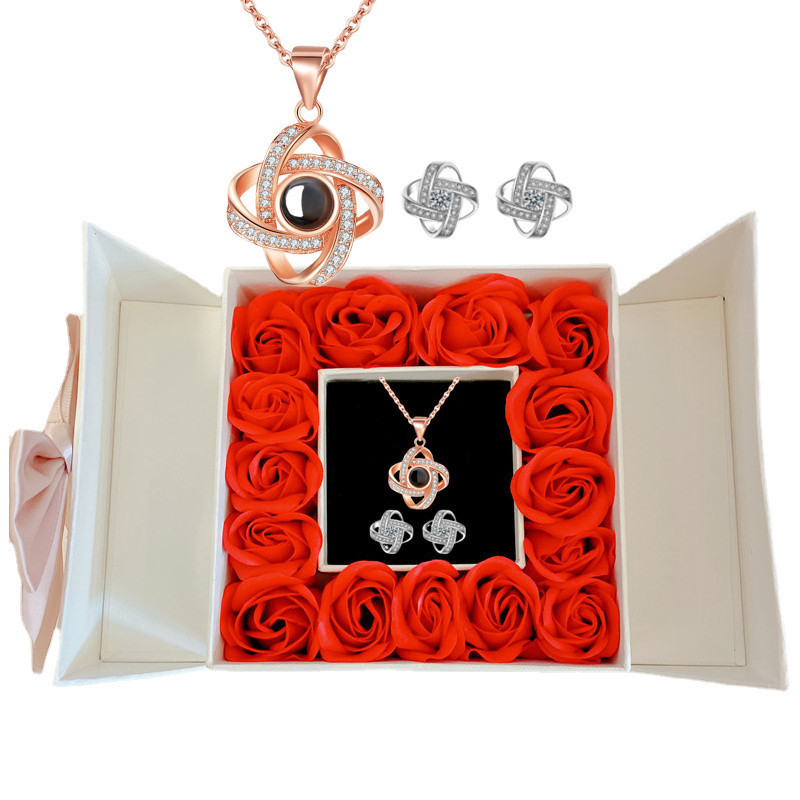 Cadou Amazon de Crăciun de Ziua Mamei de Ziua Îndrăgostiților, colier cu proiecție de 100 de limbi, cercei, cutie cadou cu flori nemuritoare