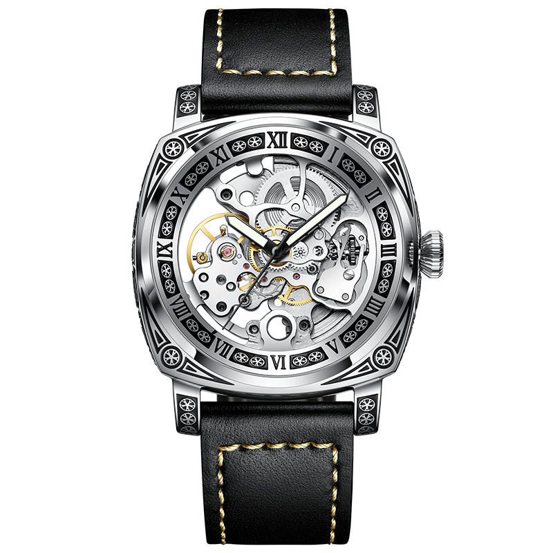 TikTok Explosive Brand impermeabil ceas bărbătesc Flywheel automat mecanic piele luminos la modă Hollow Trend autentic