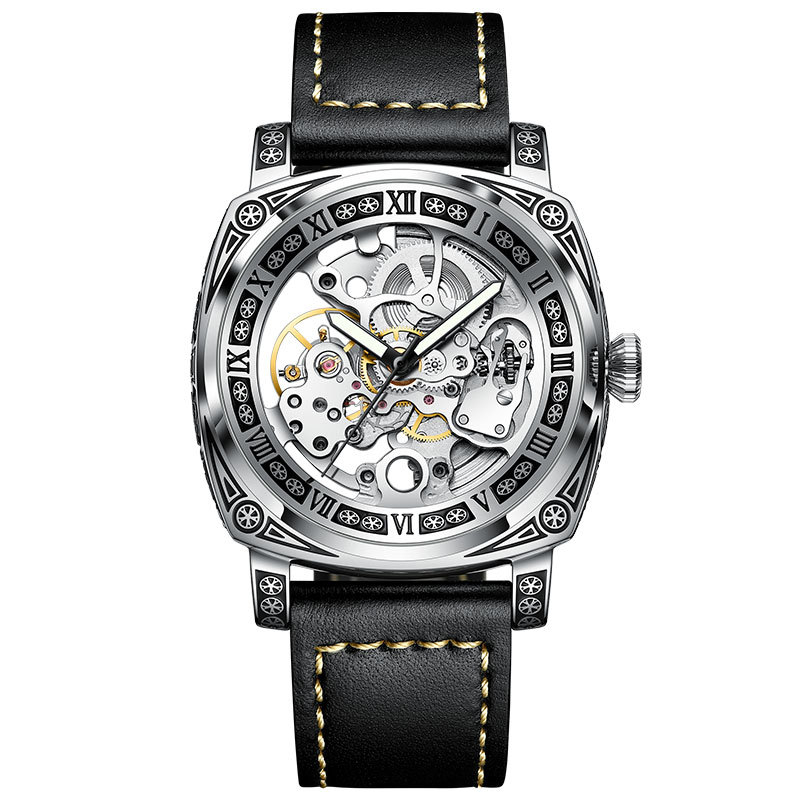 TikTok Explosive Brand veekindel meeste käekell, automaatne mehaaniline nahast käekell, helendav mood, õõnes, trendikas autentne