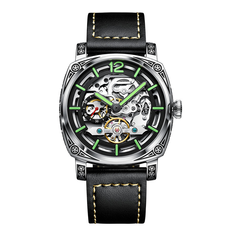 TikTok Explosive Brand veekindel meeste käekell, automaatne mehaaniline nahast käekell, helendav mood, õõnes, trendikas autentne