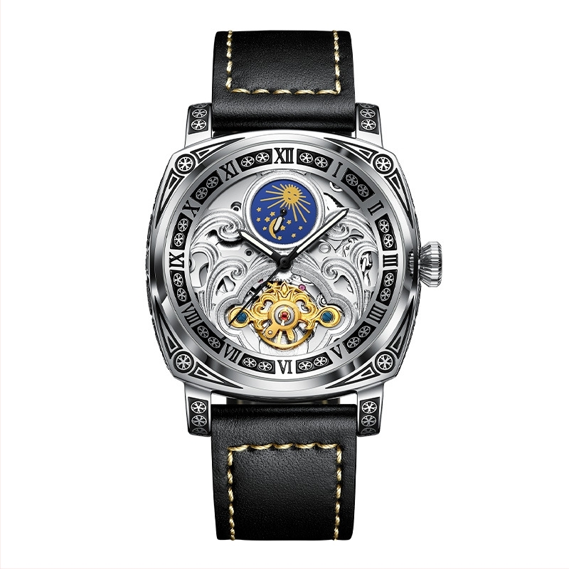 TikTok Explosive Brand veekindel meeste käekell, automaatne mehaaniline nahast käekell, helendav mood, õõnes, trendikas autentne