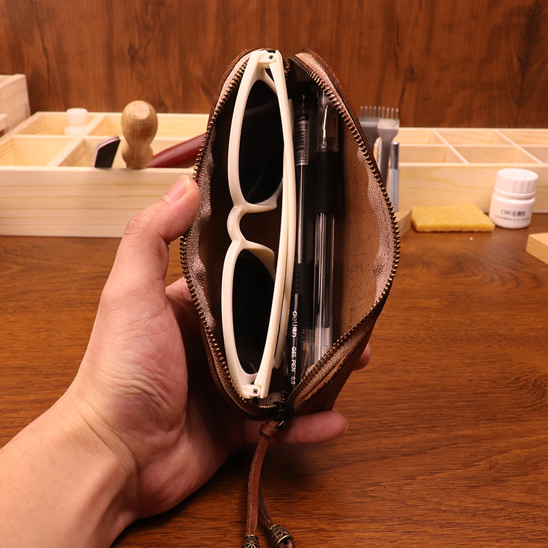 Naujas pirmojo sluoksnio karvės odos pieštukų dėklas vyrams, vintažinis, rankomis šlifuotas, senas, augalinio rauginimo odinis, raštinės reikmenų pieštukų dėklas, akinių laikymo krepšys