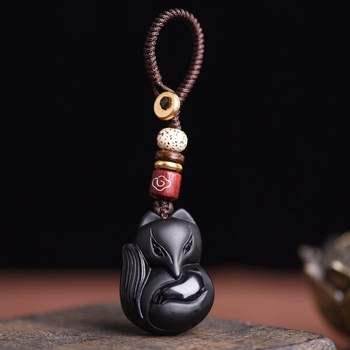 Matt fekete arany obszidián róka kulcstartó kézzel kötött gyémánt csomóval díszített táska derékra akasztható kiegészítők férfi és női medál