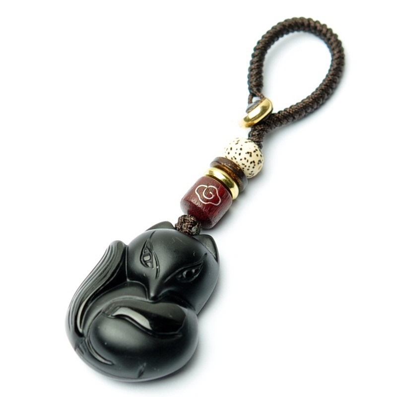 Matt fekete arany obszidián róka kulcstartó kézzel kötött gyémánt csomóval díszített táska derékra akasztható kiegészítők férfi és női medál