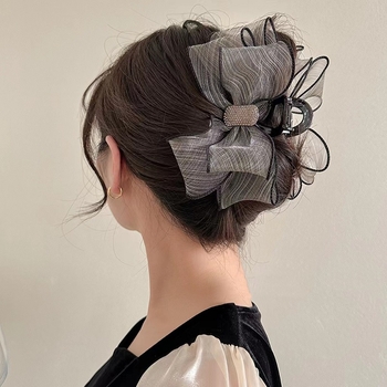 Κορεάτικο στυλ πλέγμα με διαμάντια και λαβή με φιόγκο, υψηλής ποιότητας, μεγάλο κλιπ καρχαρία στο πίσω μέρος του κεφαλιού, φουρκέτα προς τα πίσω