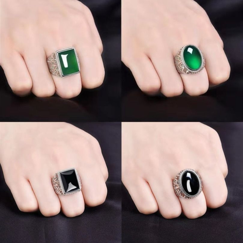 Agresszív üreges férfi gyűrű Atmoszférikus szintetikus smaragd kalcedon gyűrű nyitás állítható férfi üzleti gyűrű