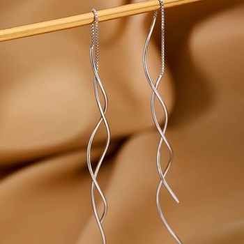 Обеци от сребро 925, вълнообразни, дамски, модни, семпли, студени, стилни, с пискюли, нишова доставка на едро на бижута