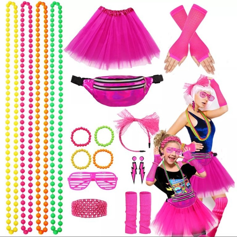 Amazoni kuum müük 1980ndate poissmeestepeo värviline neoonkaelakee käevõru komplekt 80ndate kostüümirekvisiidid