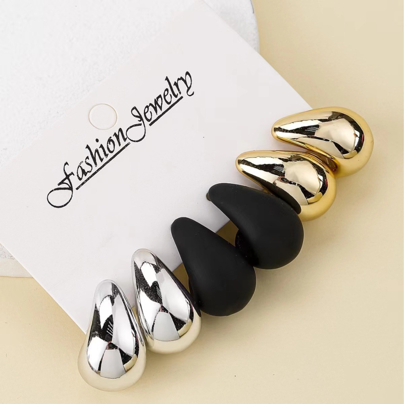 3 pár divatos európai és amerikai arany, fekete és ezüst klasszikus divatos leengedhető női fülbevaló 316-os kosztümhöz