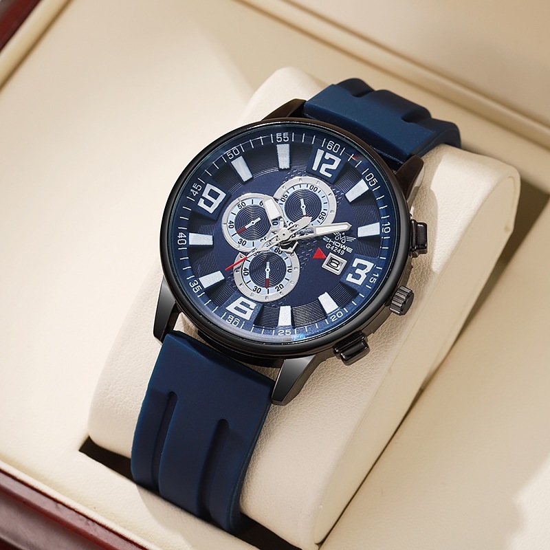 Új férfi karóra külkereskedelmi üzleti temperamentum szilikon háromszemű dekoratív kvarcóra nem mechanikus férfi karóra nagykereskedelemben