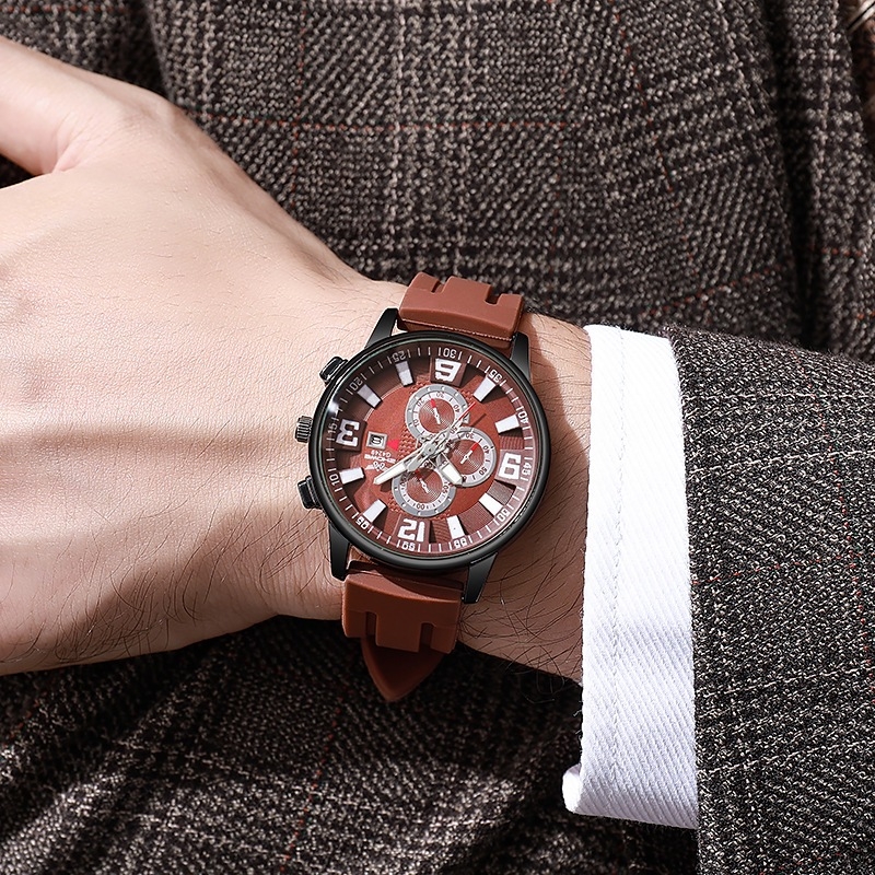 Új férfi karóra külkereskedelmi üzleti temperamentum szilikon háromszemű dekoratív kvarcóra nem mechanikus férfi karóra nagykereskedelemben