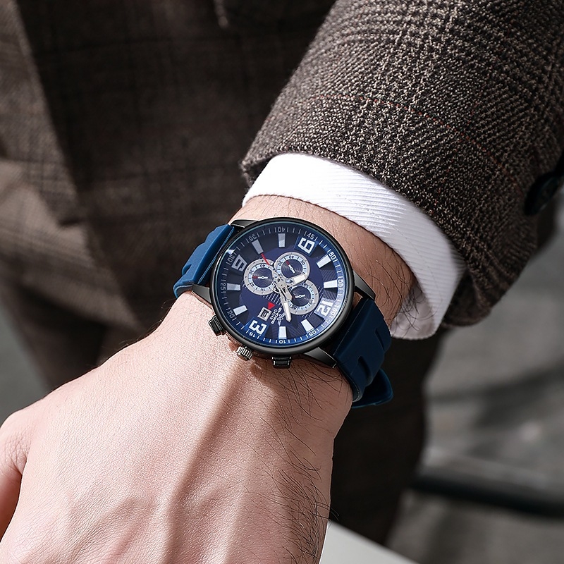 Új férfi karóra külkereskedelmi üzleti temperamentum szilikon háromszemű dekoratív kvarcóra nem mechanikus férfi karóra nagykereskedelemben