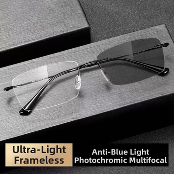 Fotokromatikus, kék fény elleni védelemmel ellátott olvasószemüveg középkorú és idős férfiaknak, progresszív, többfókuszos olvasószemüveg, ultrakönnyű, keret nélküli olvasószemüveg
