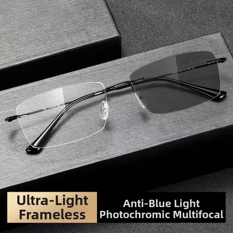 Fotokromatikus, kék fény elleni védelemmel ellátott olvasószemüveg középkorú és idős férfiaknak, progresszív, többfókuszos olvasószemüveg, ultrakönnyű, keret nélküli olvasószemüveg