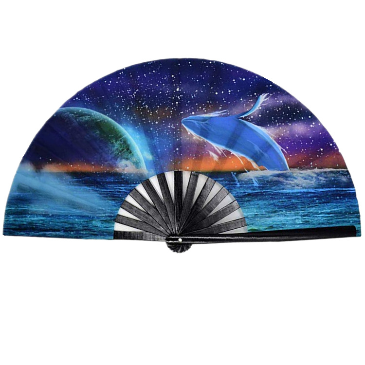 13-инчов бамбуков костен ветрилообразен вентилатор за тай чи с голям размер, рекламен вентилатор с пръстен, вентилатор за бойни изкуства, флуоресцентен сгъваем вентилатор