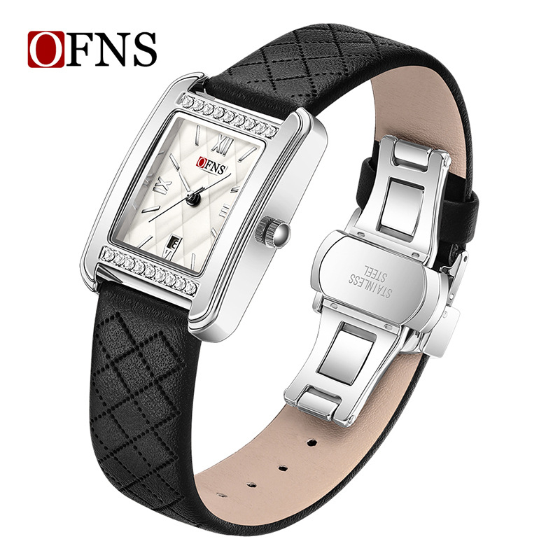 Oufani Külkereskedelmi Népszerű Női Karóra Négyzet alakú Rés Gyémánt Karóra Naptárral Vízálló Kvarc Karóra Dropshippinggel