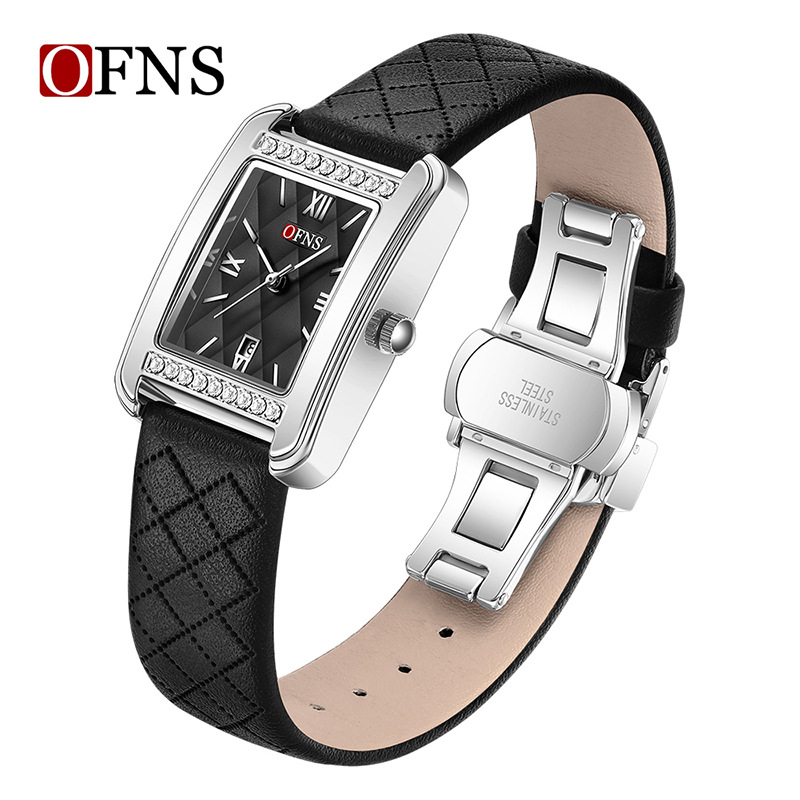 Oufani Külkereskedelmi Népszerű Női Karóra Négyzet alakú Rés Gyémánt Karóra Naptárral Vízálló Kvarc Karóra Dropshippinggel