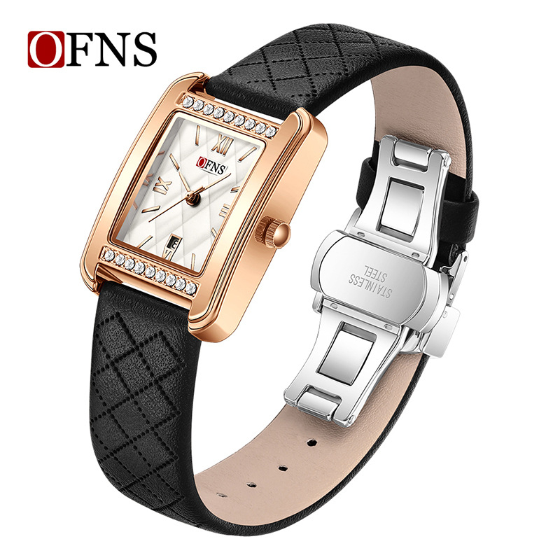 Oufani Külkereskedelmi Népszerű Női Karóra Négyzet alakú Rés Gyémánt Karóra Naptárral Vízálló Kvarc Karóra Dropshippinggel