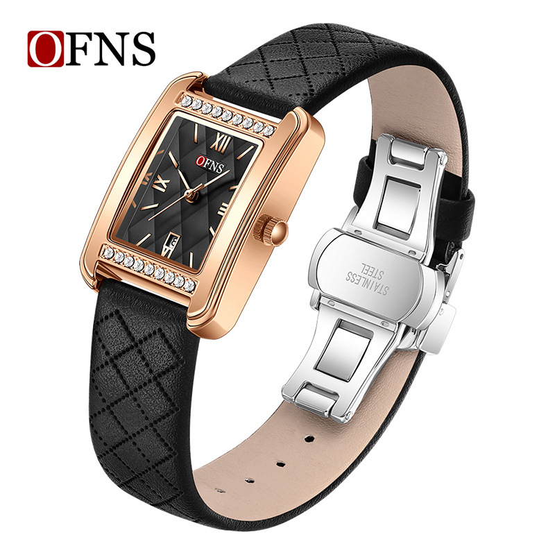 Oufani Külkereskedelmi Népszerű Női Karóra Négyzet alakú Rés Gyémánt Karóra Naptárral Vízálló Kvarc Karóra Dropshippinggel