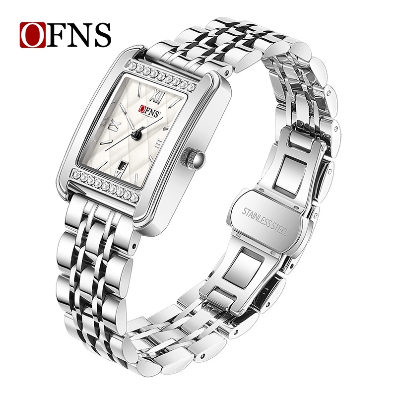 Oufani Külkereskedelmi Népszerű Női Karóra Négyzet alakú Rés Gyémánt Karóra Naptárral Vízálló Kvarc Karóra Dropshippinggel