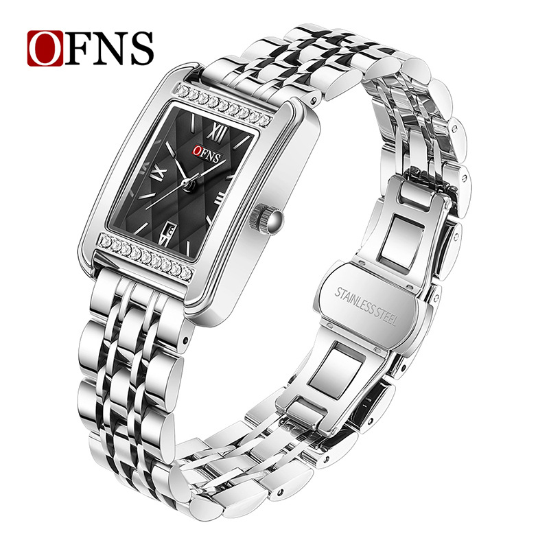 Oufani Külkereskedelmi Népszerű Női Karóra Négyzet alakú Rés Gyémánt Karóra Naptárral Vízálló Kvarc Karóra Dropshippinggel