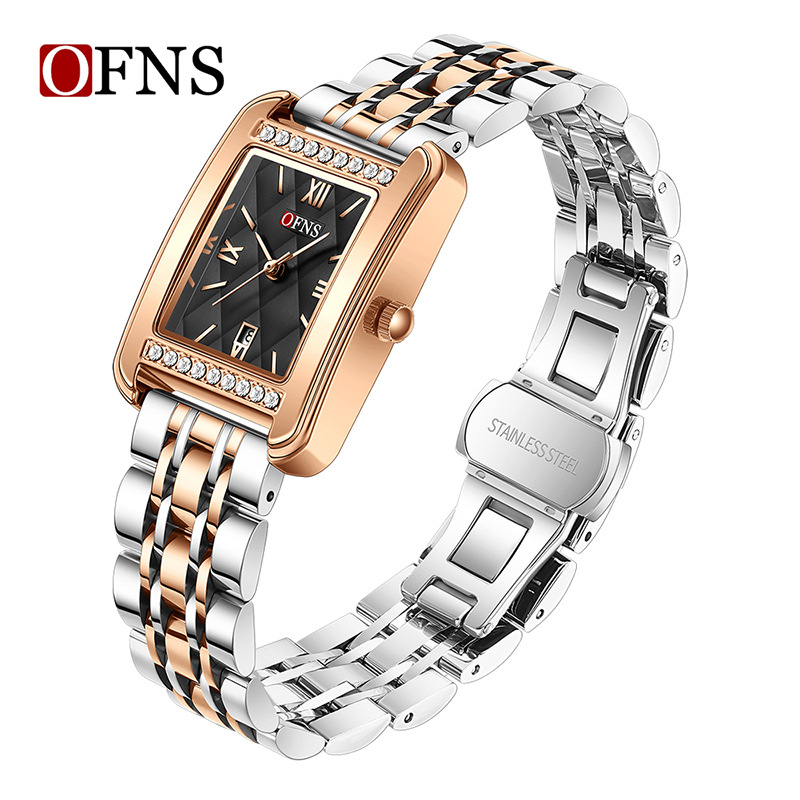 Oufani Külkereskedelmi Népszerű Női Karóra Négyzet alakú Rés Gyémánt Karóra Naptárral Vízálló Kvarc Karóra Dropshippinggel