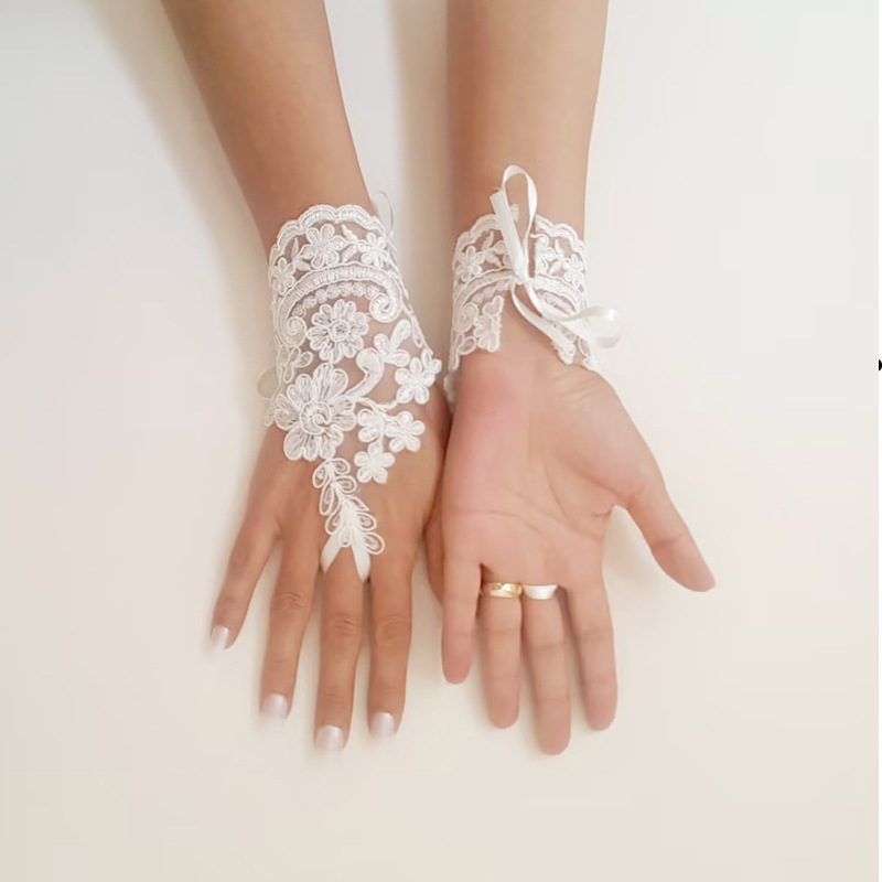 2022 m. naujos nuotakos vestuvinės suknelės pirštinės, nėriniuotos, trumpos, baltos, kabliuko formos, užsienio prekybos pirštinės, didmeninė prekyba