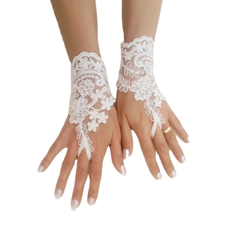 2022 m. naujos nuotakos vestuvinės suknelės pirštinės, nėriniuotos, trumpos, baltos, kabliuko formos, užsienio prekybos pirštinės, didmeninė prekyba