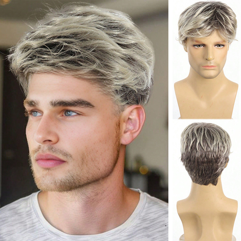 Piiriülene Euroopa ja Ameerika meeste parukas, kena kohev lühikeste juustega, hall, valge, pruun, kuldne parukas, keemilisest kiust peakate, ManWigs
