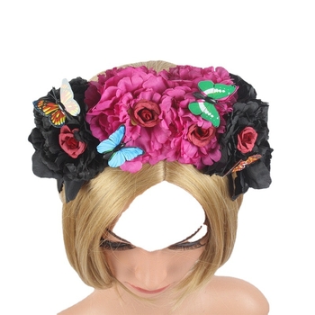 Νέα μεξικάνικη εθνοτική πόρπη κεφαλής με τεχνητή πεταλούδα και κορδέλα για πάρτι Halloween, vintage παιωνία με λουλούδι