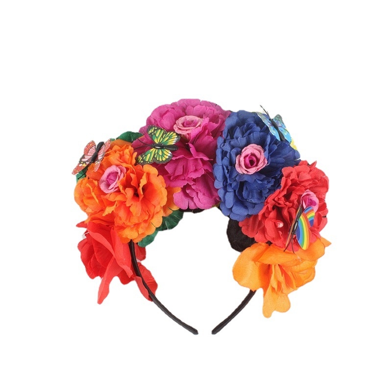 Új-mexikói etnikai fejpántos mesterséges pillangós fejdísz halloweeni parti fejpánttal, vintage bazsarózsa virágos fejdísz