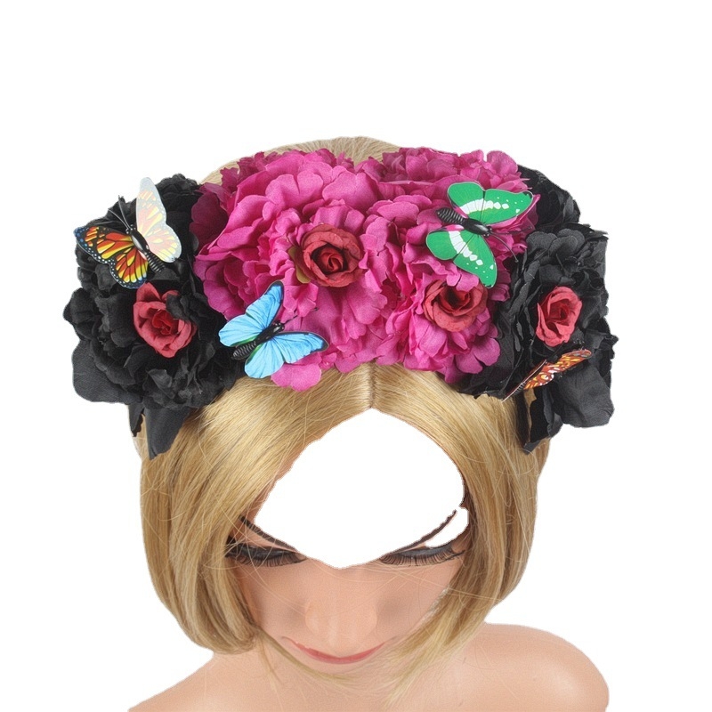Új-mexikói etnikai fejpántos mesterséges pillangós fejdísz halloweeni parti fejpánttal, vintage bazsarózsa virágos fejdísz