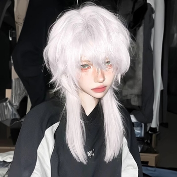 Valge hundi sabaga mulletpea parukas poistele naistele lühikesed juuksed Jaapani sarja Cos Samurai pea simulatsioon meestele täispeakate