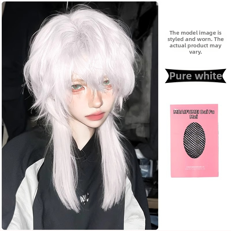 Valge hundi sabaga mulletpea parukas poistele naistele lühikesed juuksed Jaapani sarja Cos Samurai pea simulatsioon meestele täispeakate