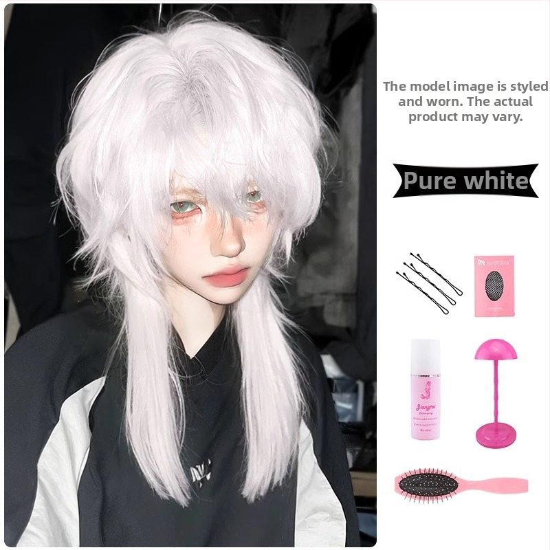 Valge hundi sabaga mulletpea parukas poistele naistele lühikesed juuksed Jaapani sarja Cos Samurai pea simulatsioon meestele täispeakate