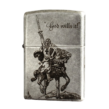 Zippo Treasure vēja necaurlaidīga petrolejas šķiltava Antique Silver 121Fb piecpusēji gravēts Crusader Brave Knight