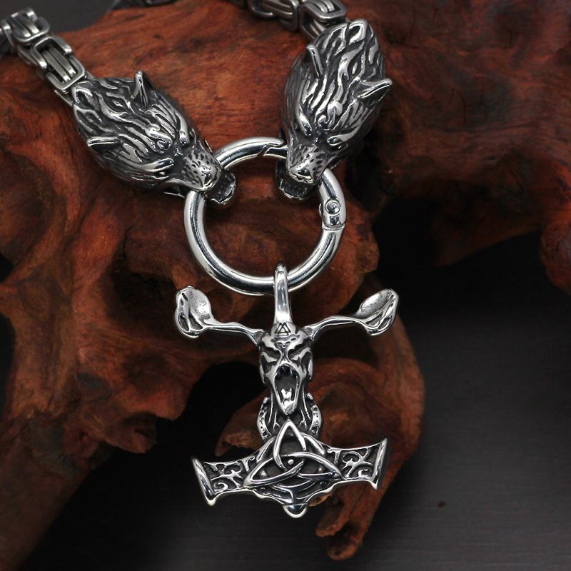 Comerț exterior popular din oțel inoxidabil Viking Retro pătrat lanț titan oțel Thor ciocan pandantiv lup cap colier imperial lanț pentru bărbați