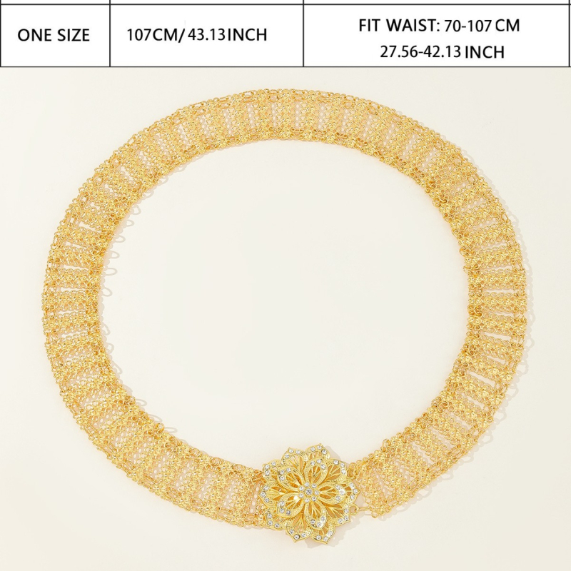 Bohém stílusú, fém virágos gyémánt öv, gyémánt díszítéssel, mindenhez illő hosszú deréklánc ruházati kiegészítőkkel