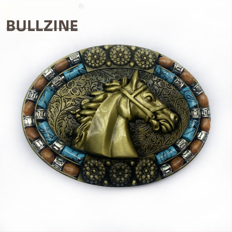 BULLZINE Цинкова сплав Западна деним катарама за колан с конска глава 03764-2 Винтидж ежедневна катарама за колан