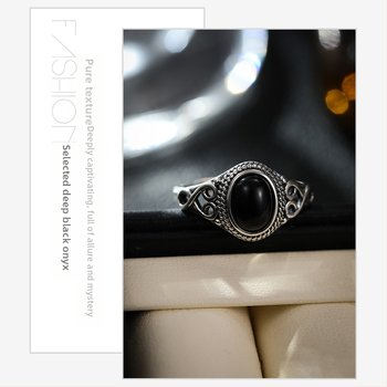 Δαχτυλίδι από ασήμι S925 με δαντέλα, εξωτερικό εμπόριο, εξατομικευμένο αχάτη, ανοιχτό μοντέρνο μαύρο vintage δαχτυλίδι, γυναικείο στρογγυλό δαχτυλίδι σε εθνικό στυλ