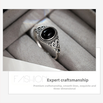 Δαχτυλίδι από ασήμι S925 με δαντέλα, εξωτερικό εμπόριο, εξατομικευμένο αχάτη, ανοιχτό μοντέρνο μαύρο vintage δαχτυλίδι, γυναικείο στρογγυλό δαχτυλίδι σε εθνικό στυλ