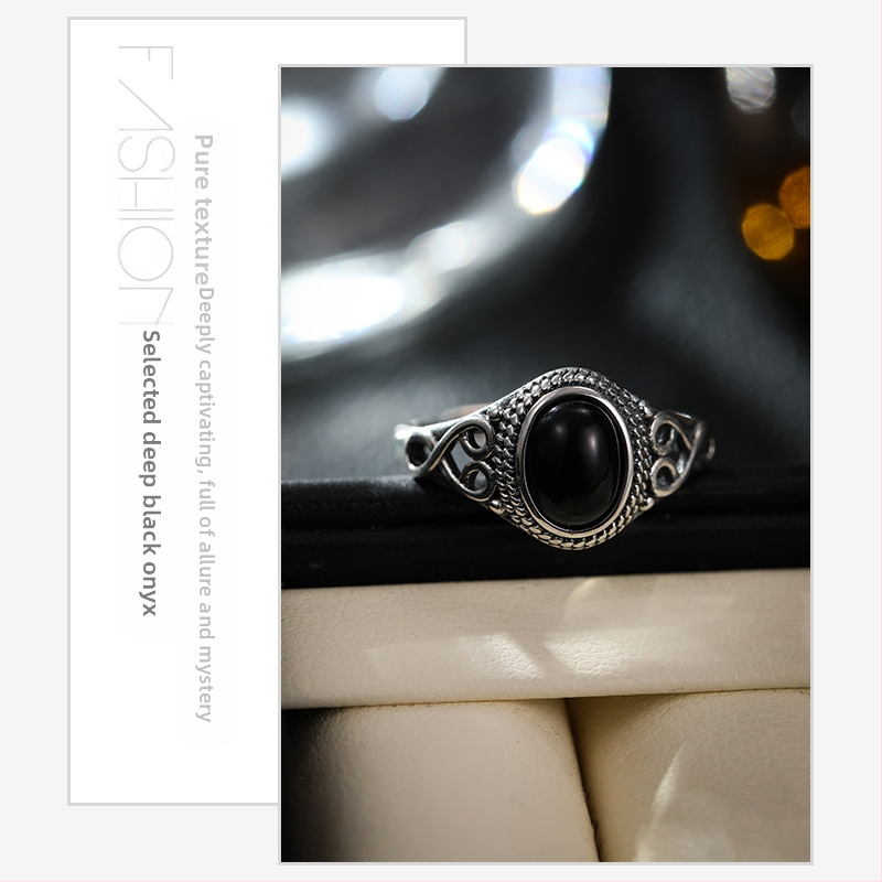 Strieborný prsteň S925 s čipkou, zahraničný obchod, personalizovaný achát, otvorený módny čierny vintage prsteň, dámsky okrúhly prsteň v národnom štýle