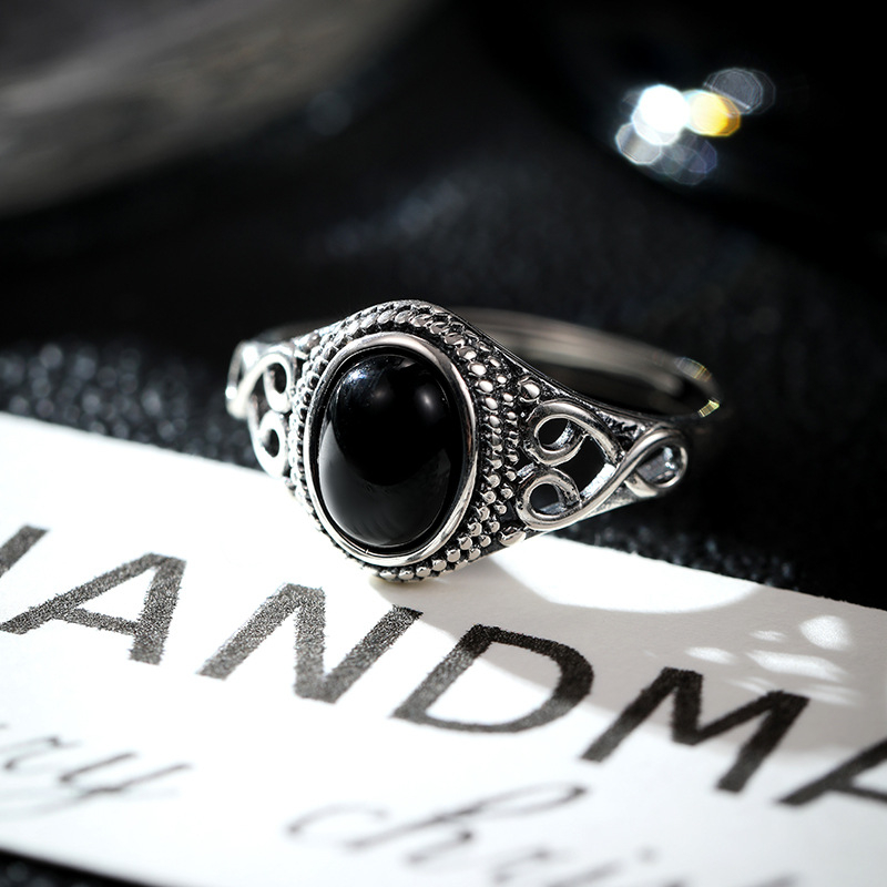 S925 srebrni čipkasti prsten za vanjsku trgovinu, personalizirani ahat, otvoreni modni crni vintage prsten, ženski okrugli prsten, nacionalni stil