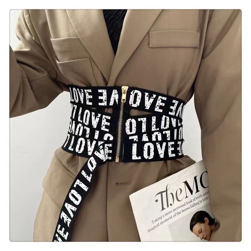 Fustă cu talie elastică, cu litere europene și americane, pentru femei, imprimată versatilă cu salopetă, costum la modă, curea elastică decorativă pentru talie