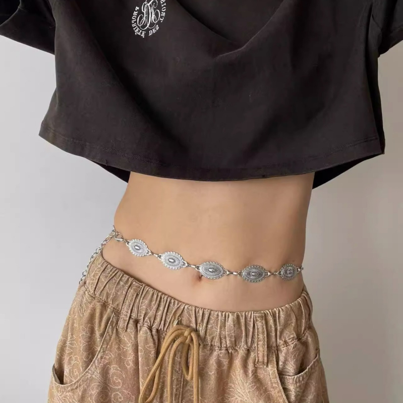 vintage etnikai stílusú faragott ősi ezüst lánc vintage fém deréklánc Spice Girl ruha nadrág dekoratív öv