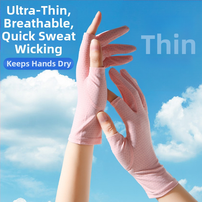 Летни слънцезащитни ръкавици от ледена коприна, дамски тънки, анти-ултравиолетови, еластични, за езда, неплъзгащи се, за шофиране, за вкъщи с два пръста