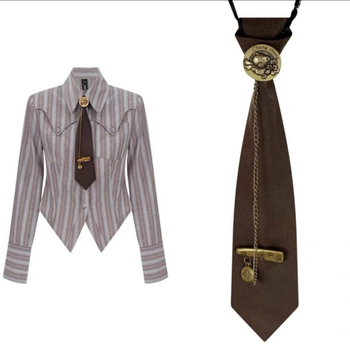 Retro, luxus, kávészínű nyakkendő, bronzszínű fémlánc, mackós kerek fejű kitűződíszítéssel, sokoldalú, nyakkendő nélküli nyakkendő